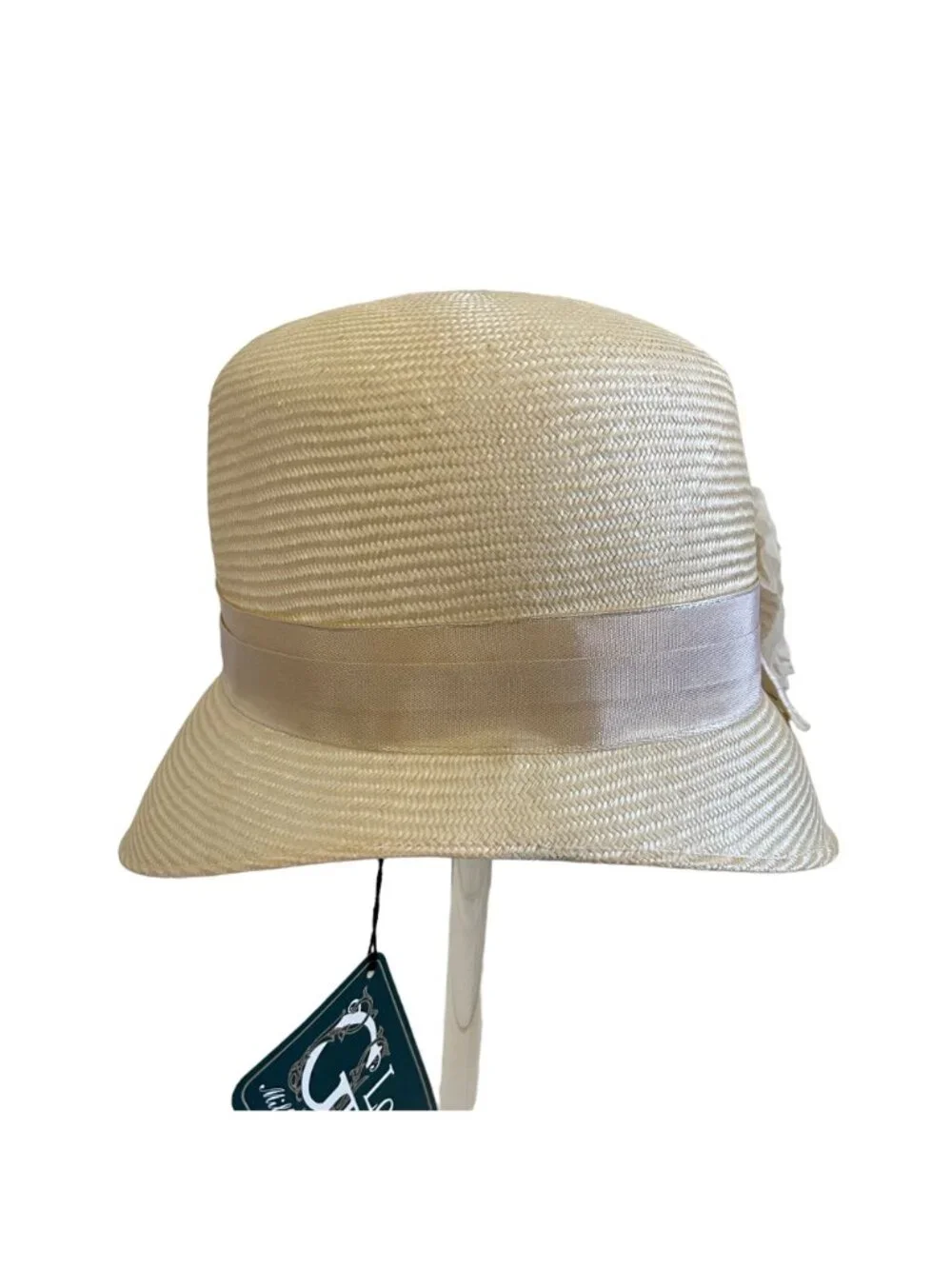 Louise Green Ivory Straw Hat With Satin Ribbon & Floral Accent